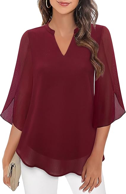 NOUVEAU RICHE Bluse Dreiviertel Ärmel Fließender Stoff Formeller Stil Weinrot