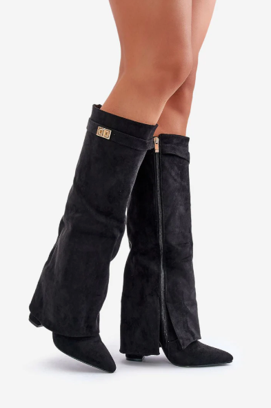 NOUVEAU RICHE Hohe Stiefel Mit Patte Und Überschlag Blockabsatz Aus Leder