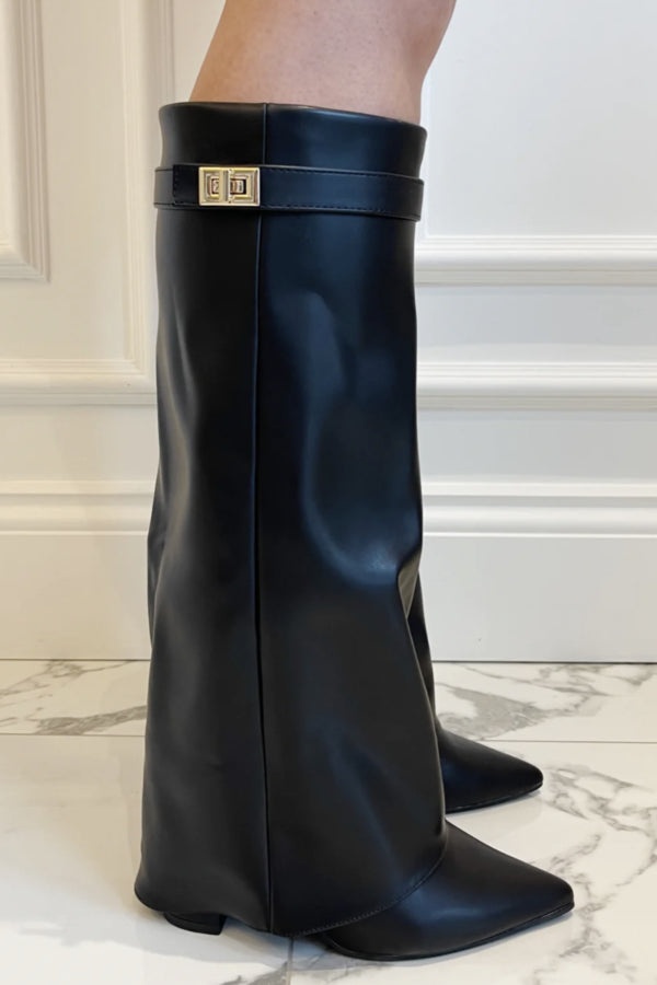 NOUVEAU RICHE Hohe Stiefel Mit Patte Und Überschlag Blockabsatz Aus Leder Schwarz - Leder