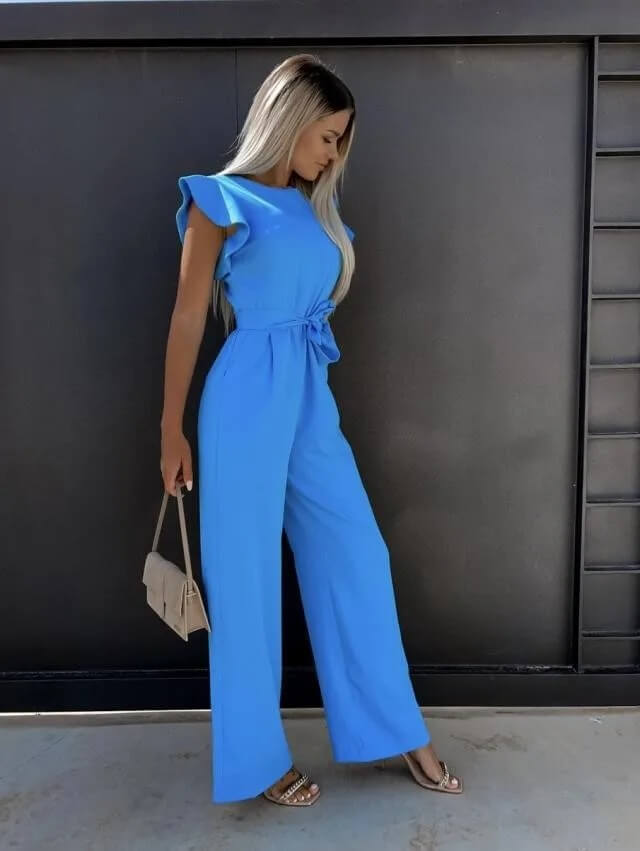 NOUVEAU RICHE Eleganter Bequemer Jumpsuit Mit Schmetterlingsärmeln Gürtel Blau
