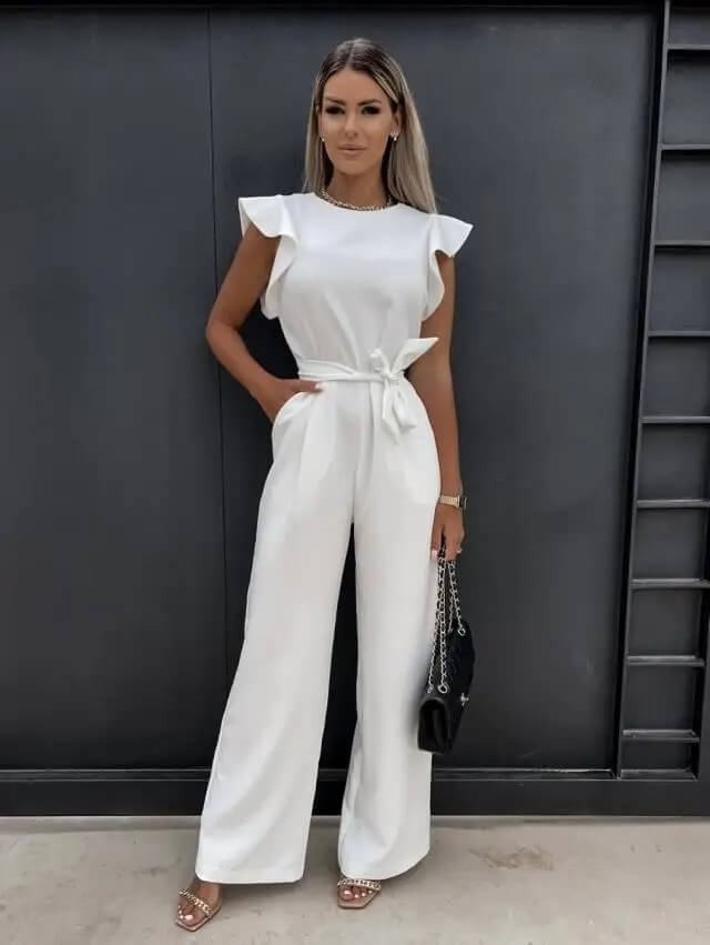 NOUVEAU RICHE Eleganter Bequemer Jumpsuit Mit Schmetterlingsärmeln Gürtel Weiß