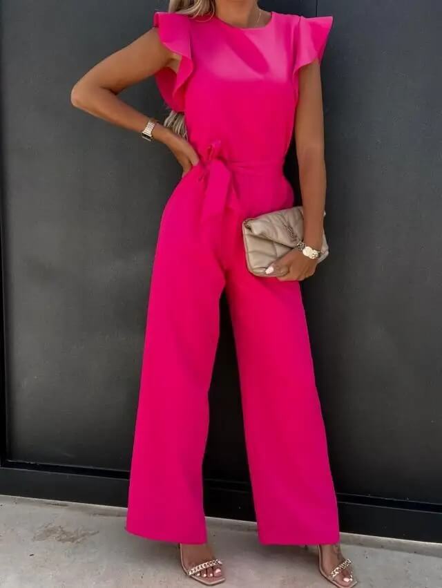 NOUVEAU RICHE Eleganter Bequemer Jumpsuit Mit Schmetterlingsärmeln Gürtel Rosa