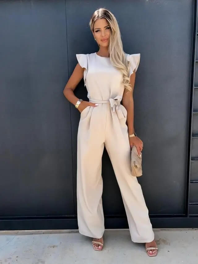NOUVEAU RICHE Eleganter Bequemer Jumpsuit Mit Schmetterlingsärmeln Gürtel Beige (2 noch auf Lager)