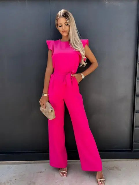 NOUVEAU RICHE Damen Jumpsuit Eleganter Mit Gürtel Schwarz Alltagslook Rosenrot