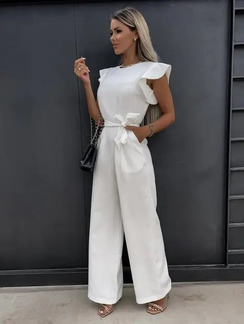NOUVEAU RICHE Damen Jumpsuit Eleganter Mit Gürtel Schwarz Alltagslook Weiß