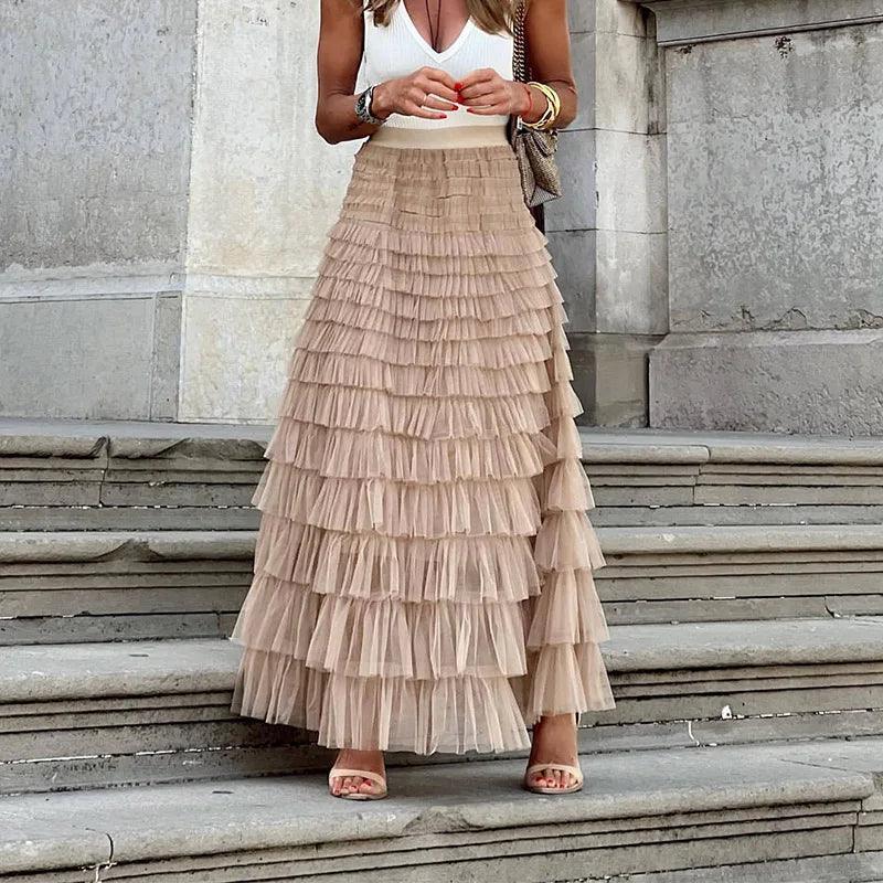 NOUVEAU RICHE Eleganter Plissee Midirock Aus Netzstoff Für Damen Mit Rüschendetail In Fließender Silhouette Für Jede Figur Khaki
