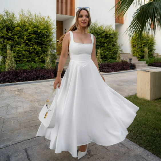NOUVEAU RICHE Elegantes Damen Kleid Mit Square Neck Und A Linie Alltag Weiß