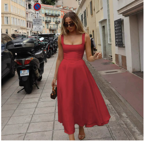 NOUVEAU RICHE Elegantes Damen Kleid Mit Square Neck Und A Linie Alltag Rot