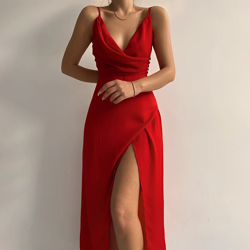 NOUVEAU RICHE Elegantes Damenkleid Mit Tiefem V Ausschnitt Seitenschlitz Rot