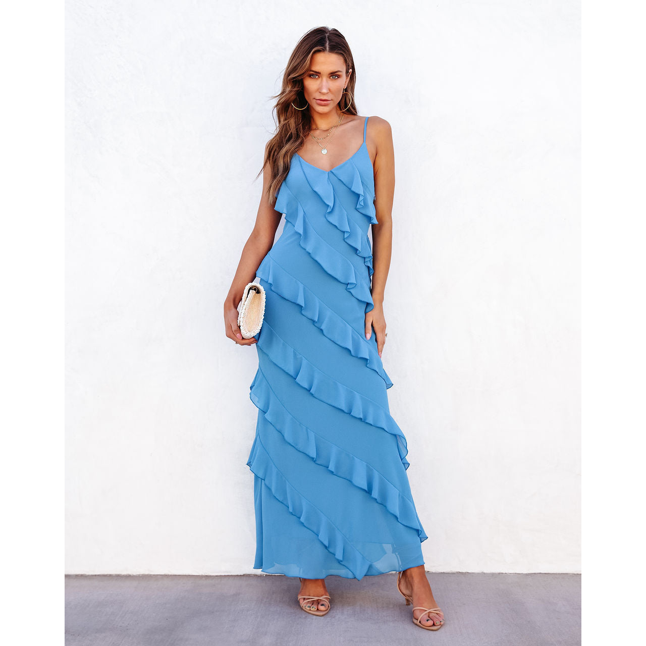 NOUVEAU RICHE Elegantes Maxikleid Off Schulter Mit Raffungen Und Glanz Blau