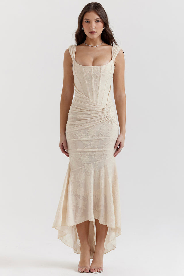 NOUVEAU RICHE Elegantes Regal Drapiertes Kleid Für Gehobene Anlässe Beige