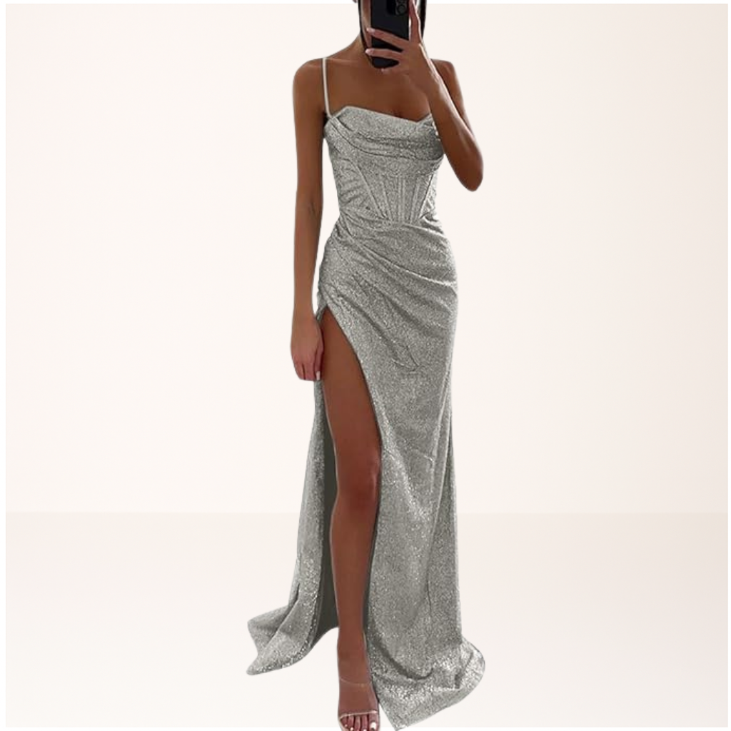 NOUVEAU RICHE Elegantes Satin Abendkleid Für Damen Mit Herz-Ausschnitt Hellgrau
