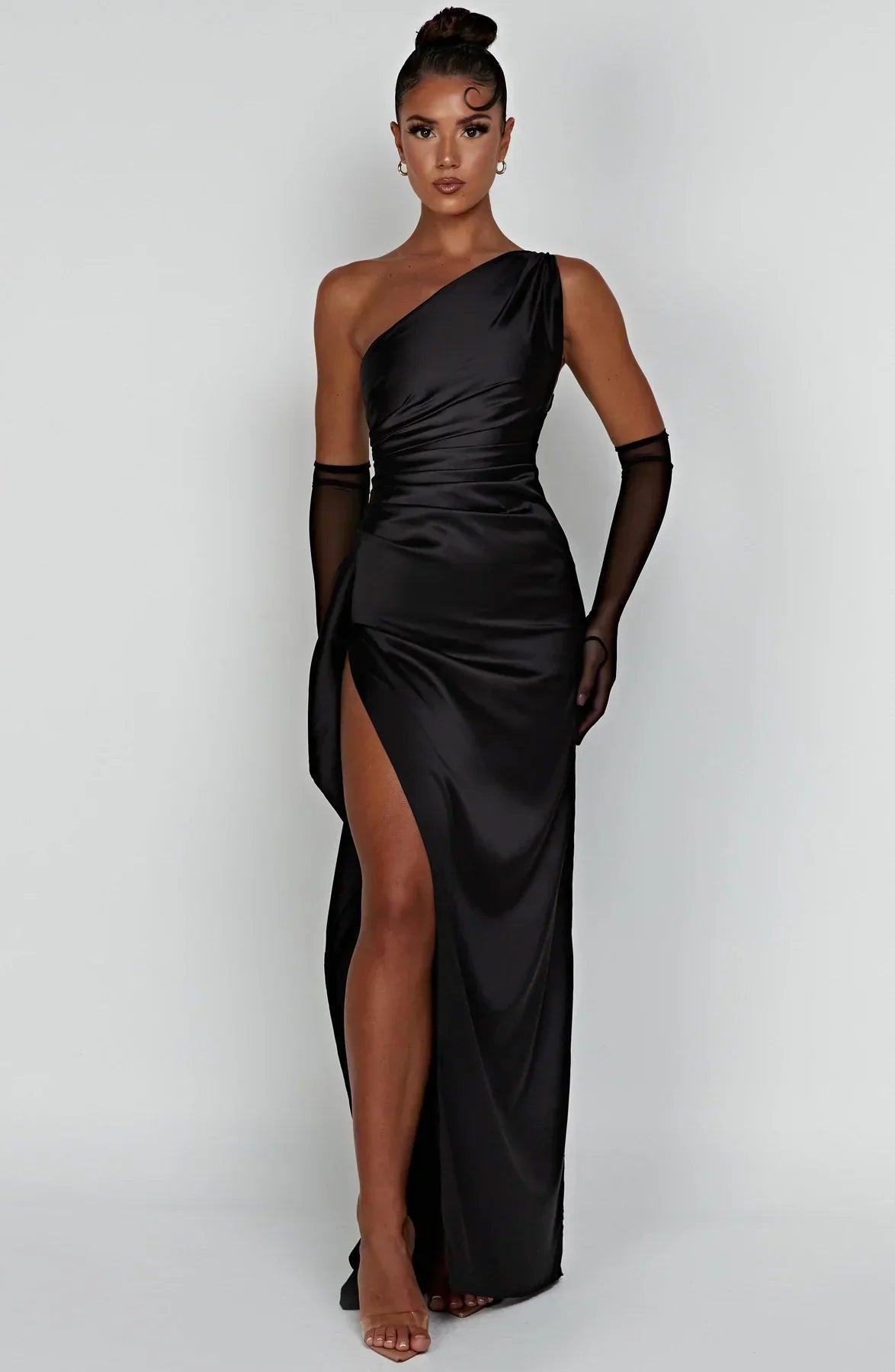 NOUVEAU RICHE Elegantes Satin Abendkleid Für Gala Und Abendessen Party Schwarz