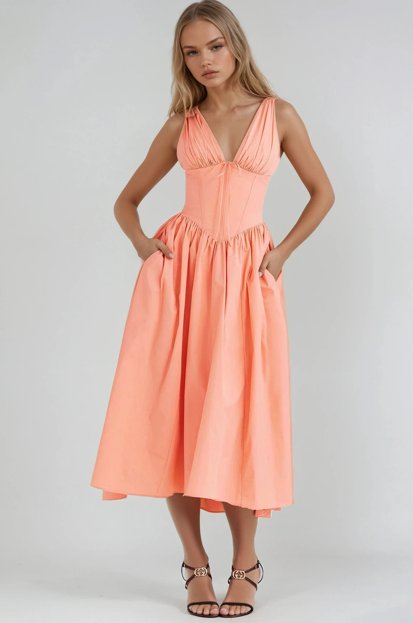 NOUVEAU RICHE Elegantes Sommerkleid Aus Leichtem Atmungsaktivem Stoff Pfirsich