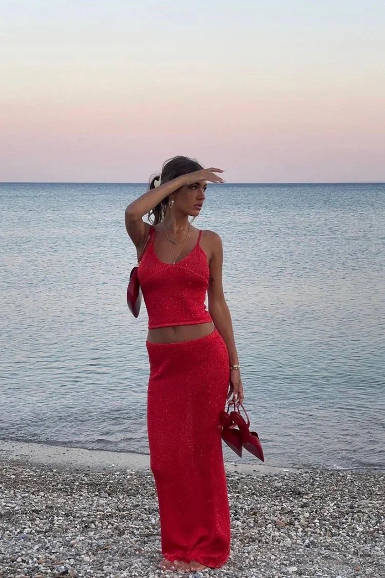 NOUVEAU RICHE Elegantes Strick Set Zweiteiler Minimalistischer Stil Rot
