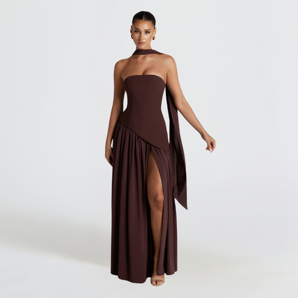 NOUVEAU RICHE Elegantes Trägerloses Kleid Mit Hohem Schlitz Für Damen Lang Braun