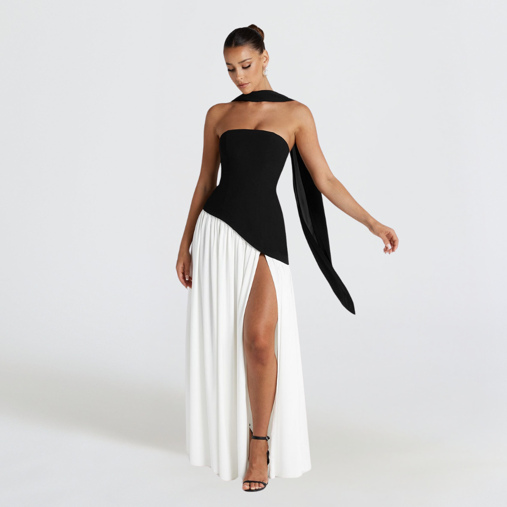 NOUVEAU RICHE Elegantes Trägerloses Kleid Mit Hohem Schlitz Für Damen Lang Schwarz