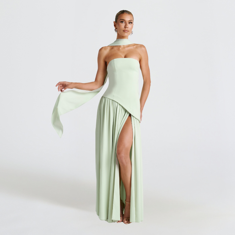 NOUVEAU RICHE Elegantes Trägerloses Kleid Mit Hohem Schlitz Für Damen Lang Grün