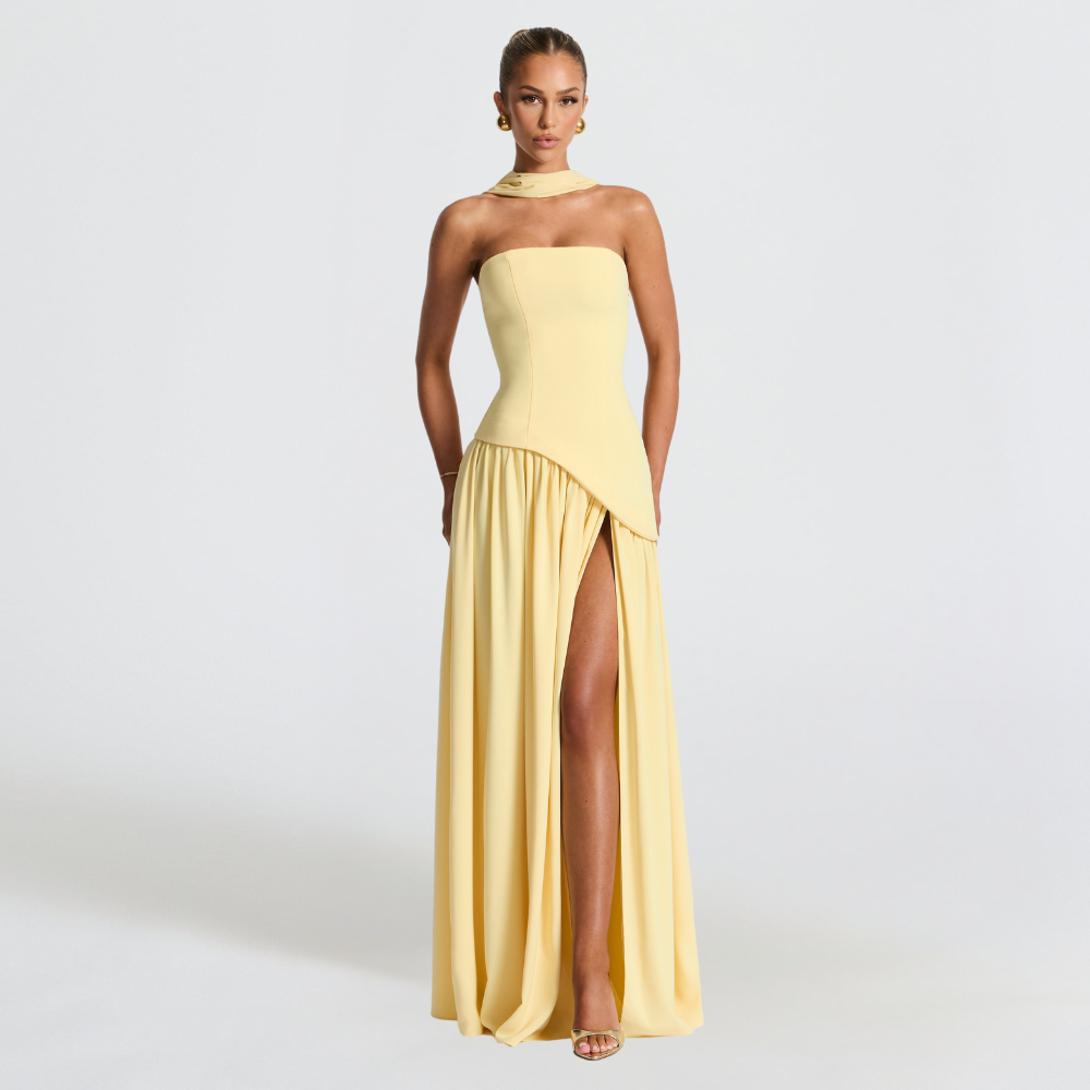 NOUVEAU RICHE Elegantes Trägerloses Kleid Mit Hohem Schlitz Für Damen Lang Gelb