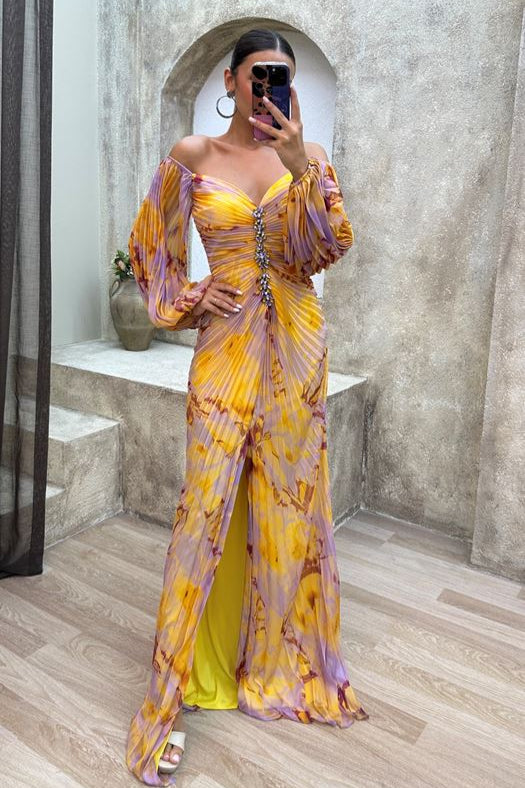 NOUVEAU RICHE Elegantes V Ausschnitt Kleid Damen Schmeichelhafte Passform Gelb