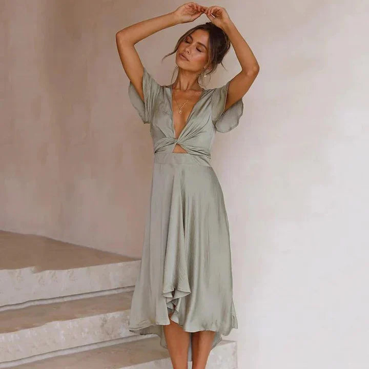 NOUVEAU RICHE Elegantes V Ausschnitt Midikleid Mit Taillengürtel Passform Olivgrün