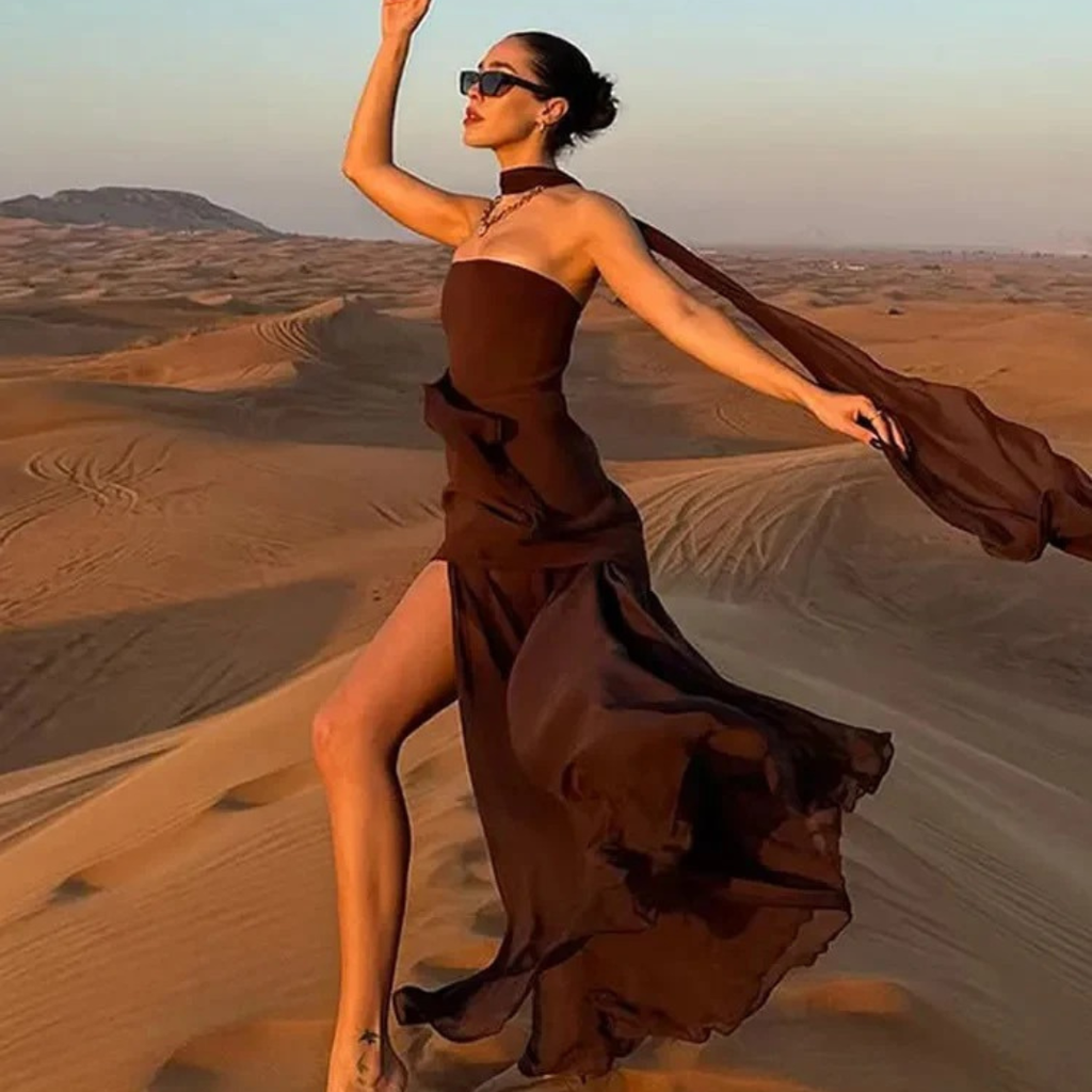 NOUVEAU RICHE Damen Abendkleid Asymmetrischer Schnitt Maxikleid Mit Hohem Schlitz Braun