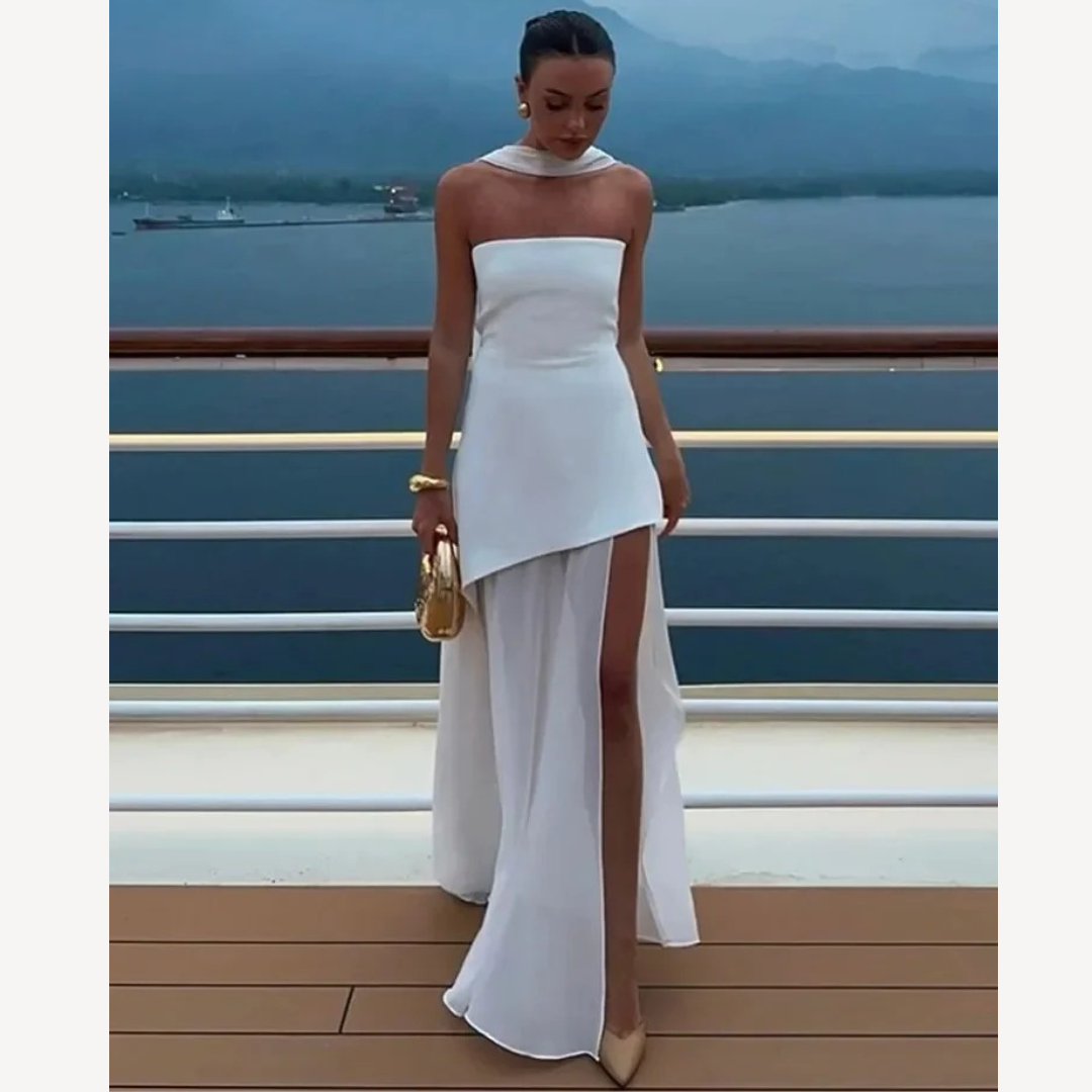 NOUVEAU RICHE Damen Abendkleid Asymmetrischer Schnitt Maxikleid Mit Hohem Schlitz Weiß