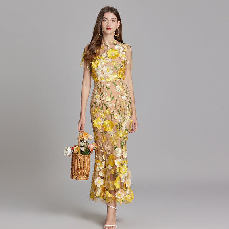 NOUVEAU RICHE Ärmelloses Besticktes Maxikleid Damen Abend Sommerkleid Gelb