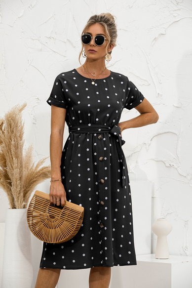 NOUVEAU RICHE Elegantes One-Shoulder-Kleid mit Weißem Punktemuster für Damen aus Hochwertigem Stoff für Ganztägigen Komfort und Stil Schwarz