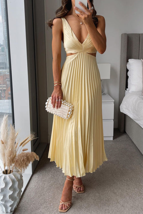 NOUVEAU RICHE Elegantes Plissee Abendkleid Midi Für Damen Hochzeitsgast Gelb