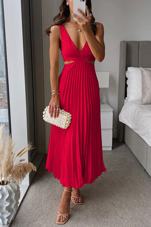 NOUVEAU RICHE Elegantes Plissee Abendkleid Midi Für Damen Hochzeitsgast Rot