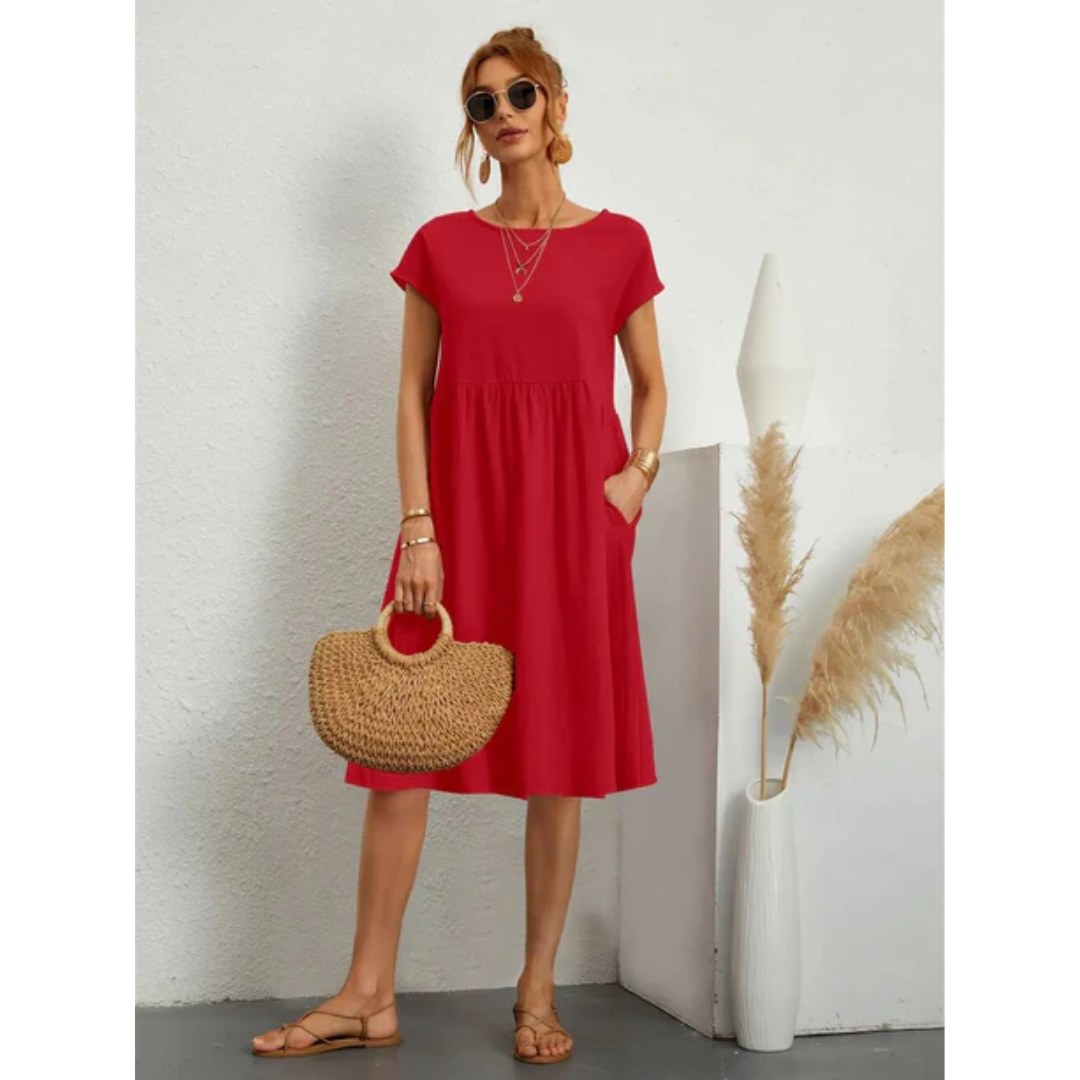 NOUVEAU RICHE Elegantes Midi Sommerkleid Für Damen Kurzarm Tailliert Orangerot
