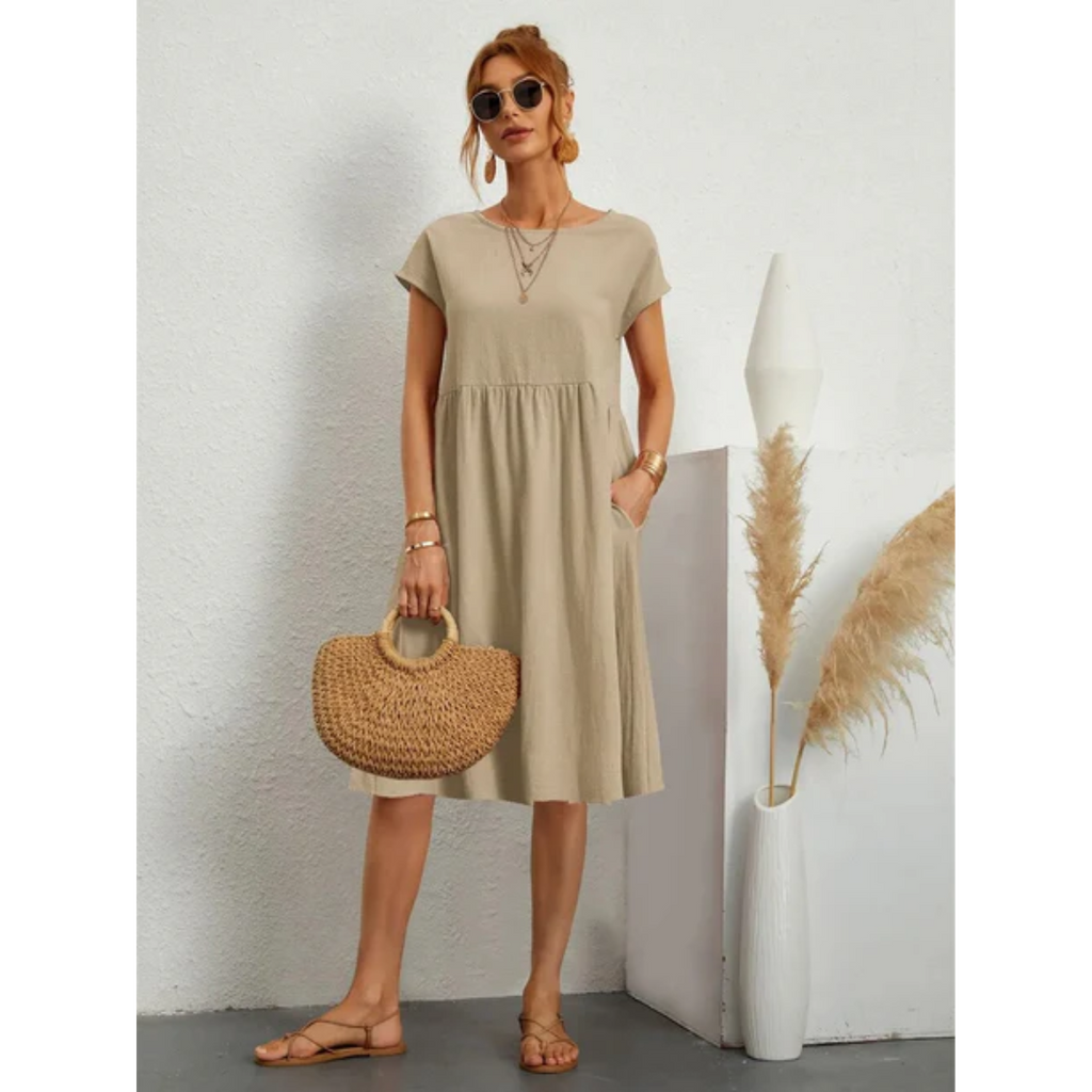 NOUVEAU RICHE Elegantes Midi Sommerkleid Für Damen Kurzarm Tailliert Khaki
