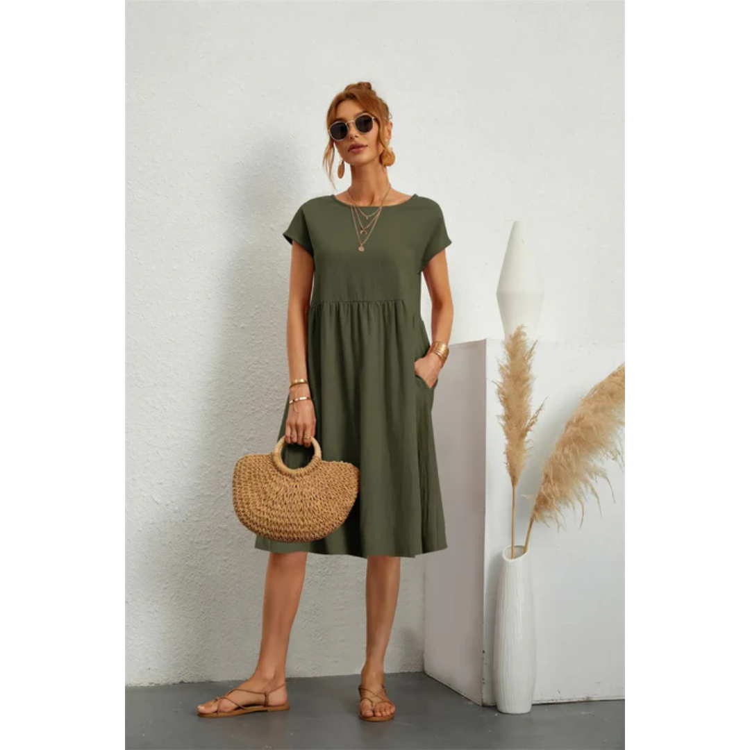 NOUVEAU RICHE Elegantes Midi Sommerkleid Für Damen Kurzarm Tailliert Armeegrün