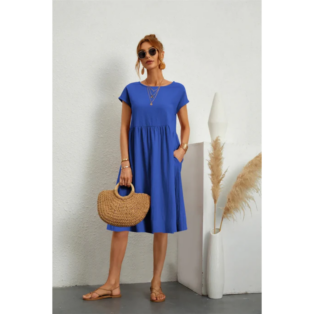 NOUVEAU RICHE Elegantes Midi Sommerkleid Für Damen Kurzarm Tailliert Blau