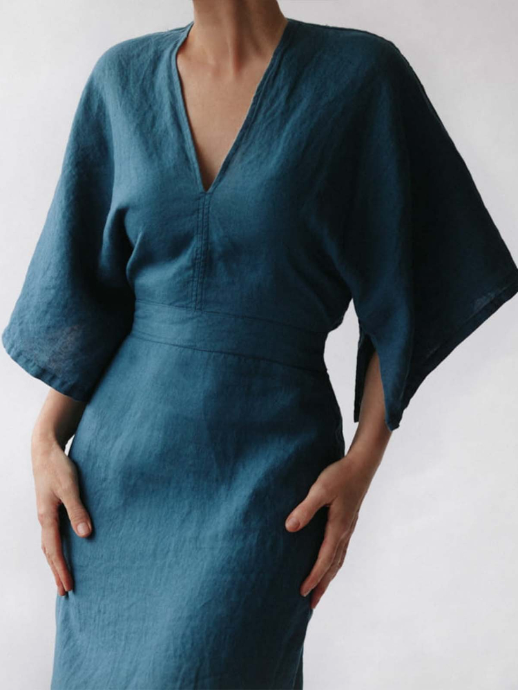 NOUVEAU RICHE Elegantes Tintenblaues Leinenkleid Für Damen Bequem Und Stilvoll Für Jeden Anlass