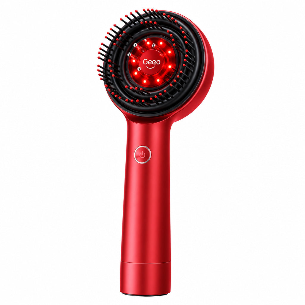 NOUVEAU RICHE Elektrische Kopfhaut-Massagebürste mit LED-Licht – Kopfmassagegerät mit 3 Modi, Wasserdicht, Tragbar – GlowScalp Rot