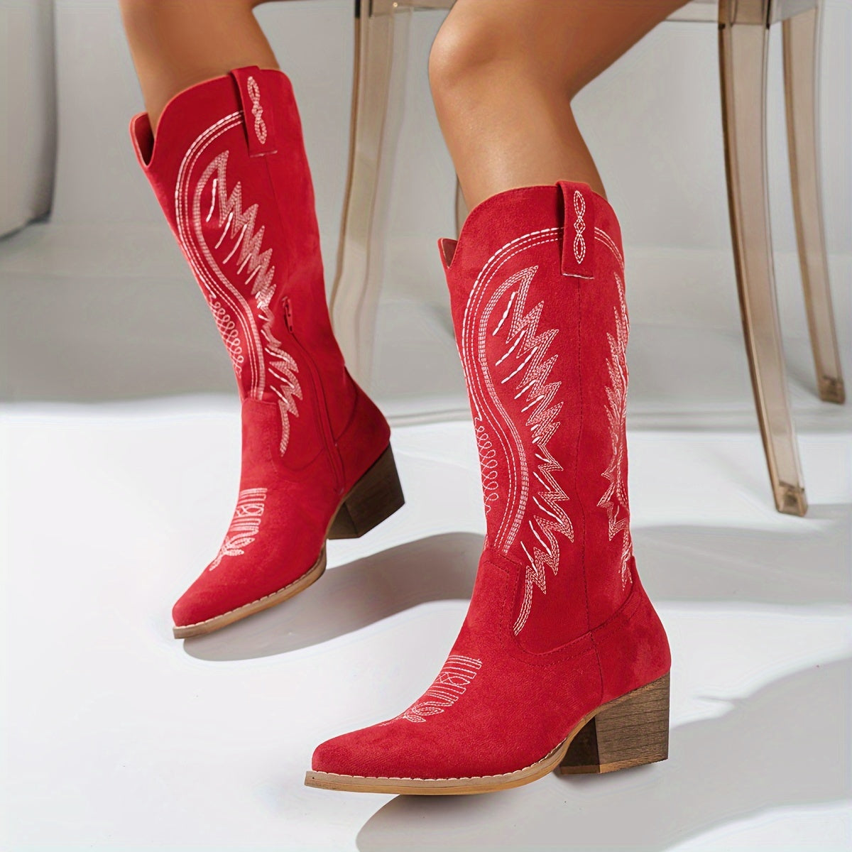 NOUVEAU RICHE Damen Cowboystiefel Mit Dickem Absatz Und Komfortpassform Rot 39