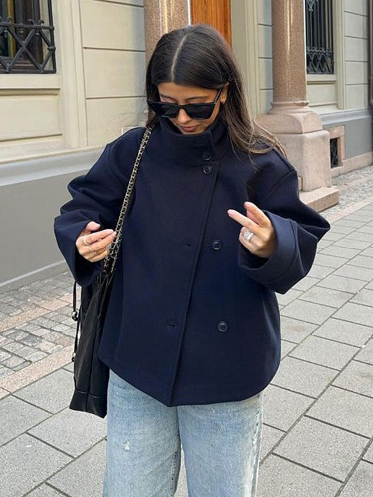 NOUVEAU RICHE Doppelreihige Kurze Jacke Luxus Stil Warmes Material Dunkelgrau