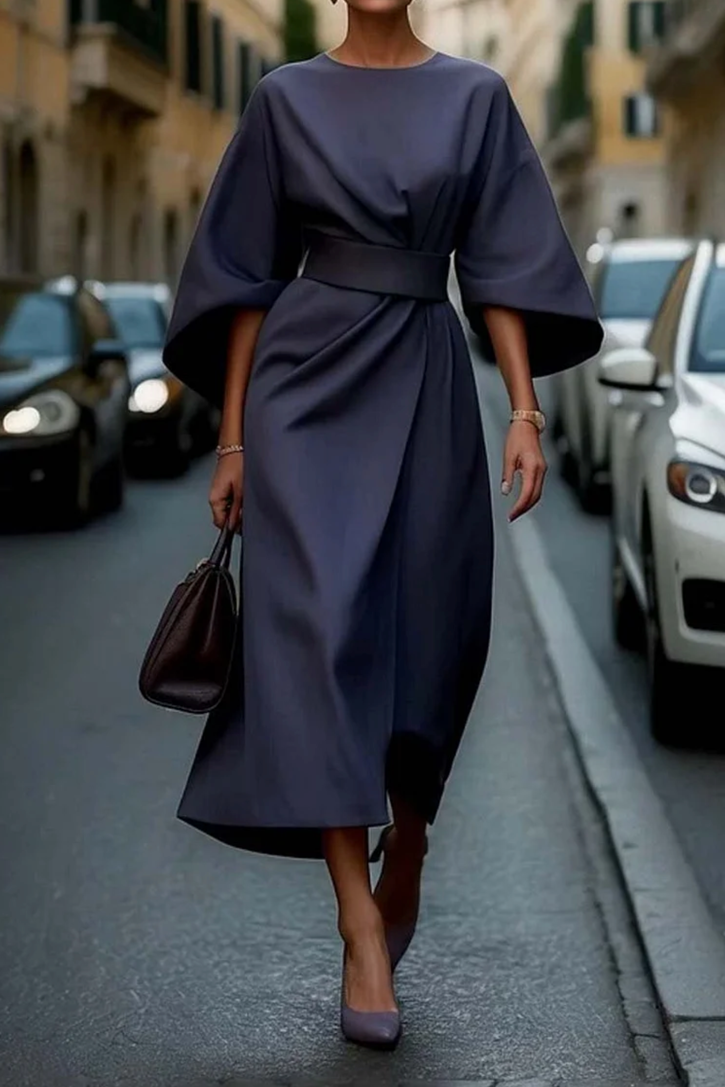 NOUVEAU RICHE Maxikleid Mit Gürtel Für Leichte Eleganz Und Komfort Marineblau