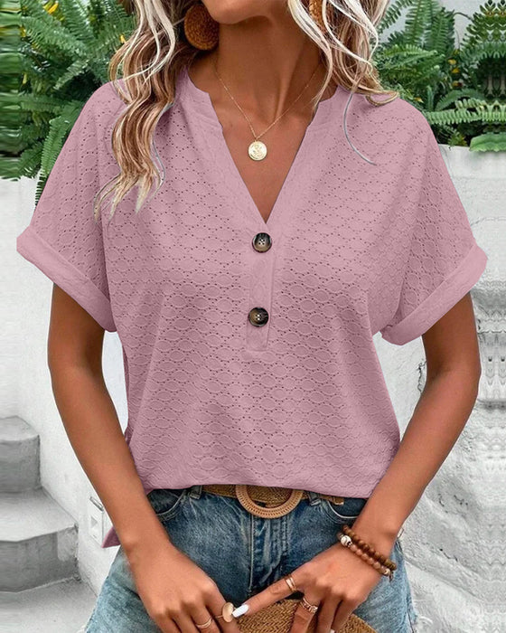 NOUVEAU RICHE Luma | Damen-Top mit kurzen Ärmeln, V-Ausschnitt und Knöpfen | Casual Rosa