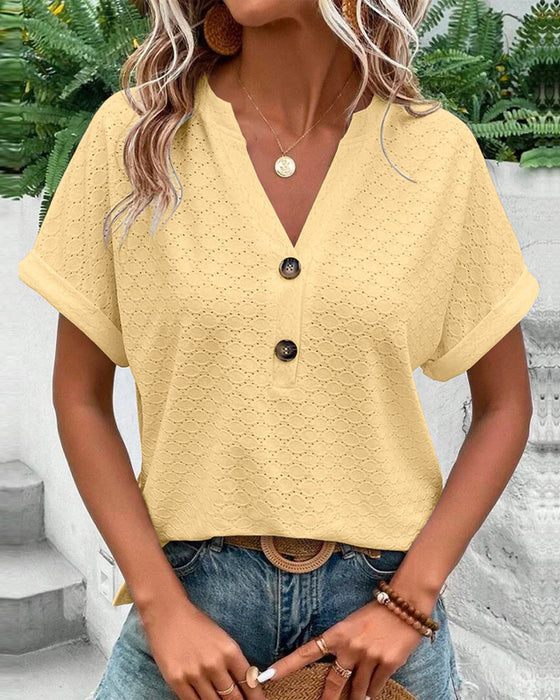 NOUVEAU RICHE Luma | Damen-Top mit kurzen Ärmeln, V-Ausschnitt und Knöpfen | Casual Gelb