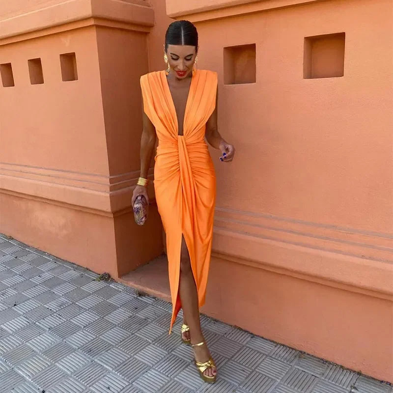 NOUVEAU RICHE Flōre | Damen Midikleid – Ärmelloses Design, Tiefer V-Ausschnitt & Luftig-Elegante Passform Orange