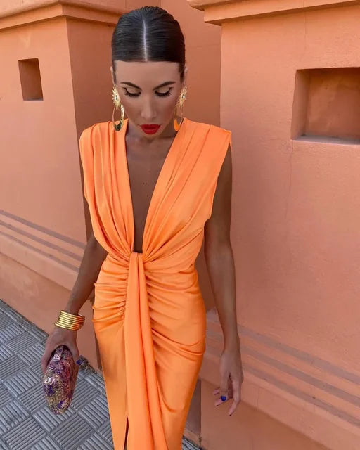 NOUVEAU RICHE Flōre | Damen Midikleid – Ärmelloses Design, Tiefer V-Ausschnitt & Luftig-Elegante Passform