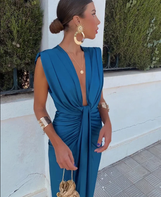 NOUVEAU RICHE Flōre | Damen Midikleid – Ärmelloses Design, Tiefer V-Ausschnitt & Luftig-Elegante Passform Blue