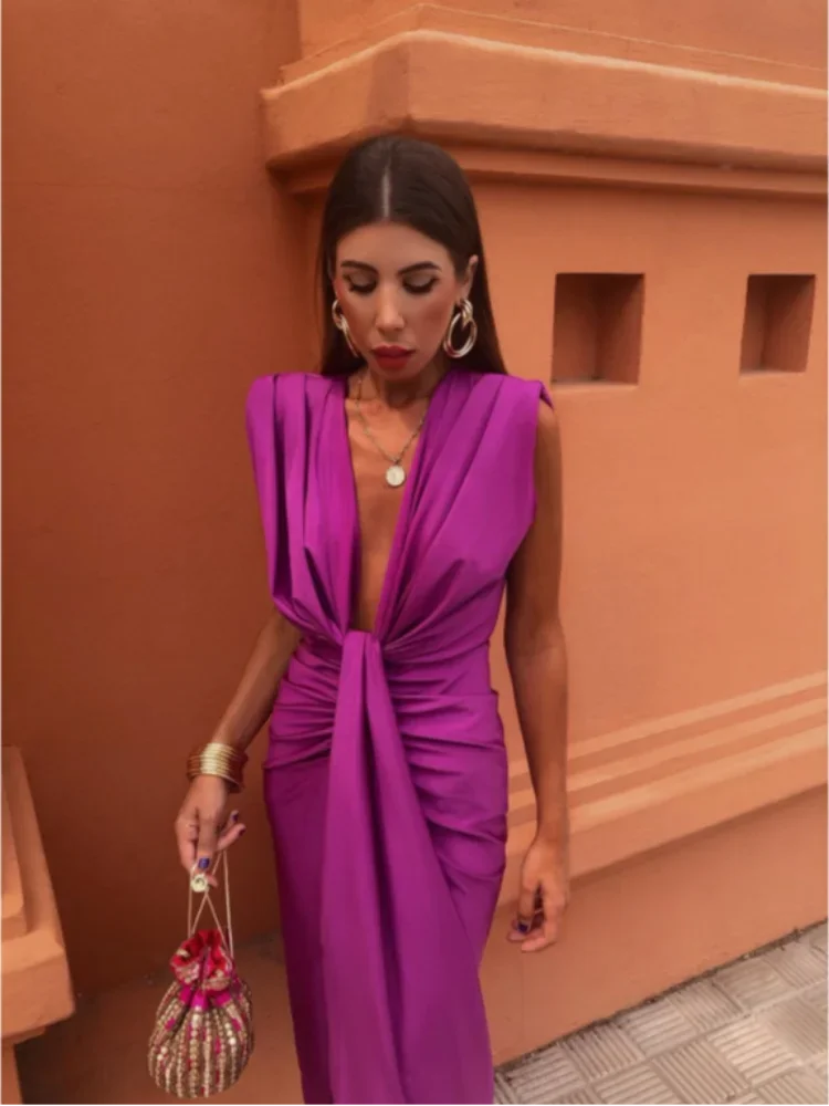 NOUVEAU RICHE Flōre | Damen Midikleid – Ärmelloses Design, Tiefer V-Ausschnitt & Luftig-Elegante Passform Fuchsia
