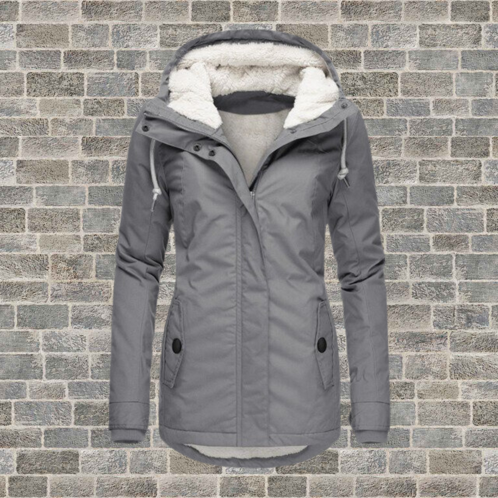 NOUVEAU RICHE Plissierter Baumwollmantel Mit Kapuze Und Teddyfutter - Winterjacke - Wintermäntel Damen Grau