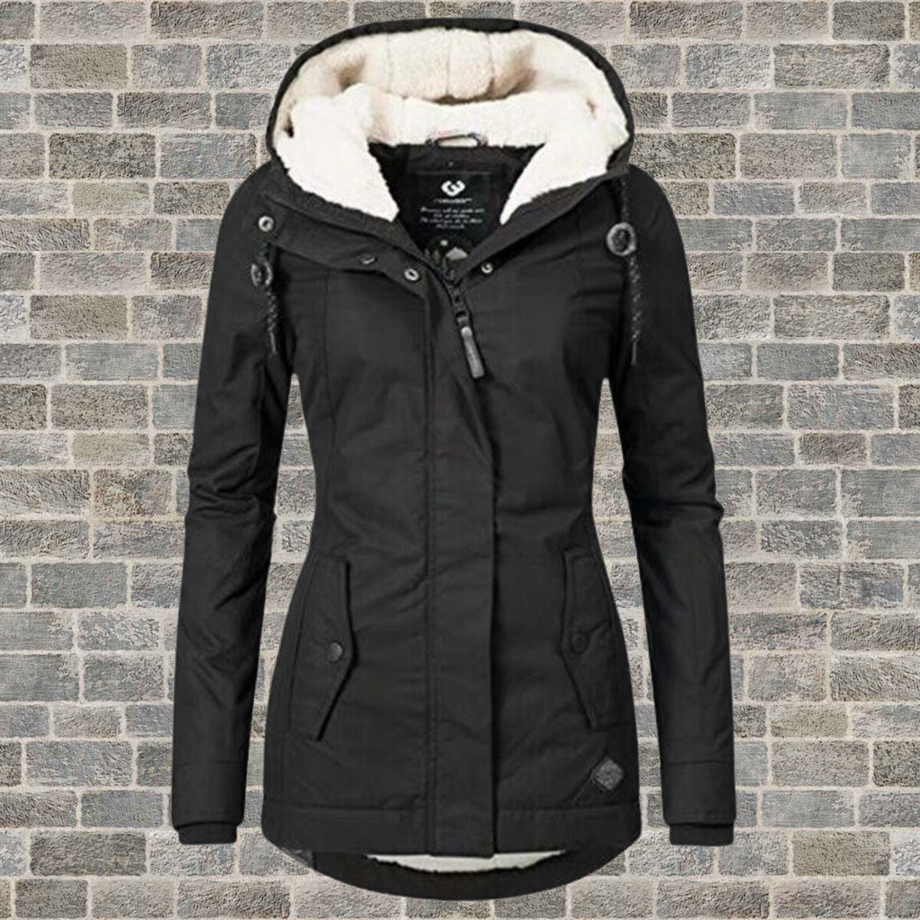 NOUVEAU RICHE Plissierter Baumwollmantel Mit Kapuze Und Teddyfutter - Winterjacke - Wintermäntel Damen Schwarz