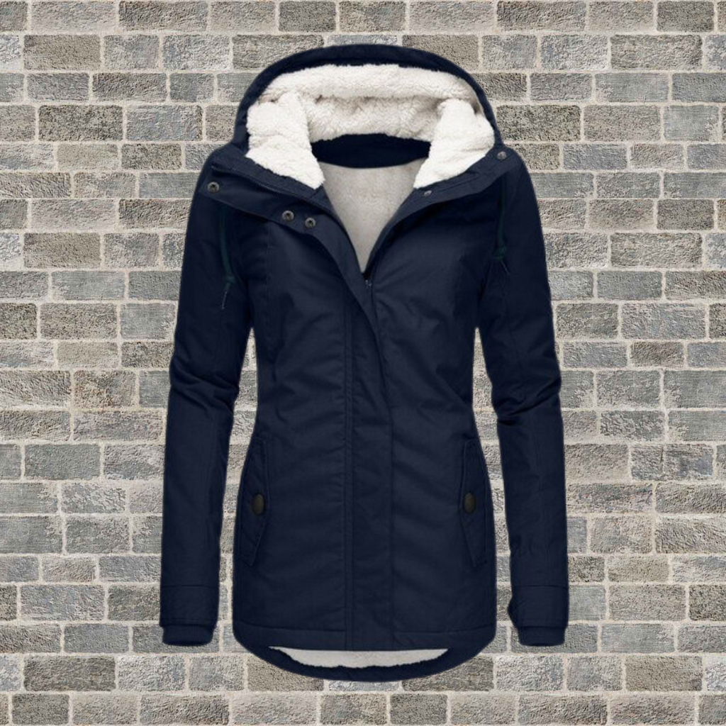 NOUVEAU RICHE Plissierter Baumwollmantel Mit Kapuze Und Teddyfutter - Winterjacke - Wintermäntel Damen Marineblau