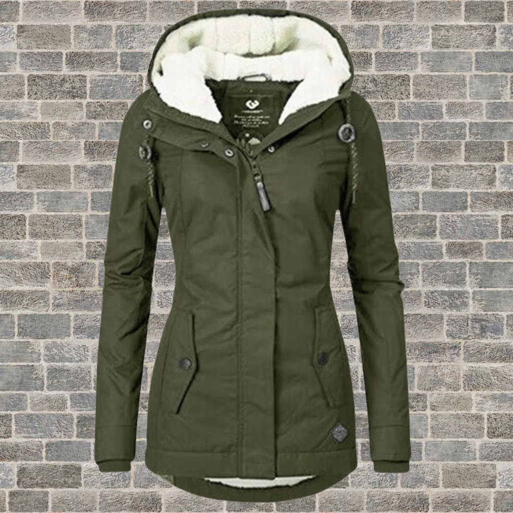 NOUVEAU RICHE Plissierter Baumwollmantel Mit Kapuze Und Teddyfutter - Winterjacke - Wintermäntel Damen Armeegrün